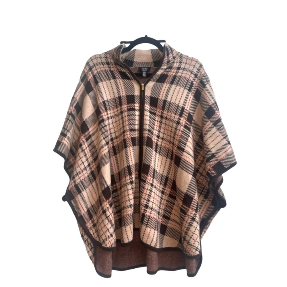 Jones New York Tan and Brown Zip Up Plaid Poncho Vest